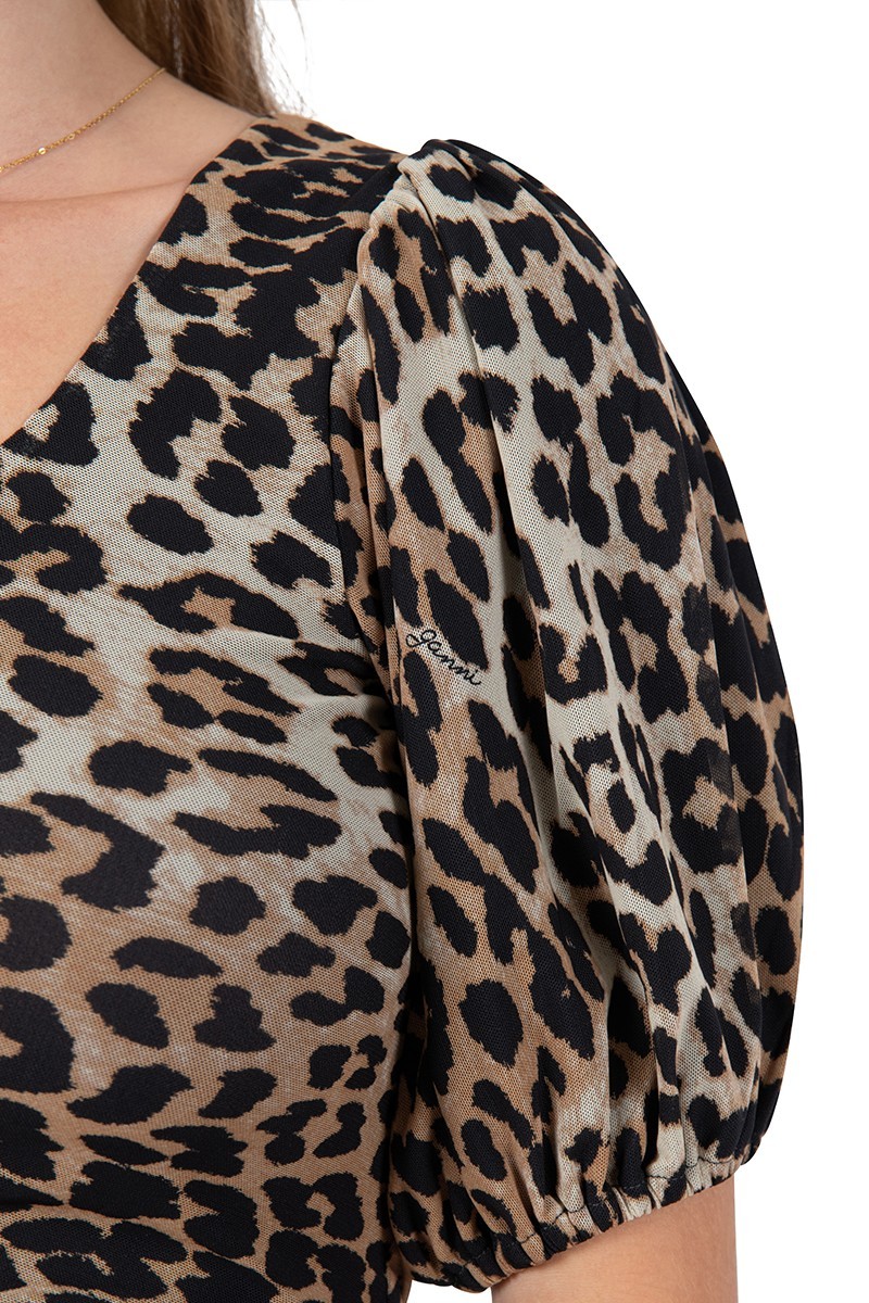 GANNI Printed leopard mesh puff sleeve mini dress