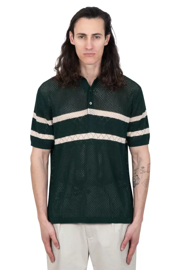 Green knit polo mesh striped