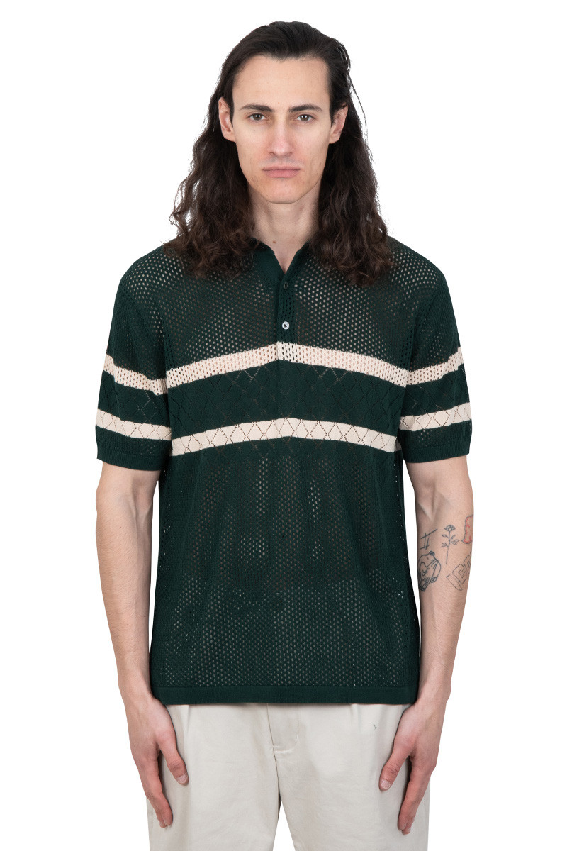 BEAMS + Green knit polo mesh striped