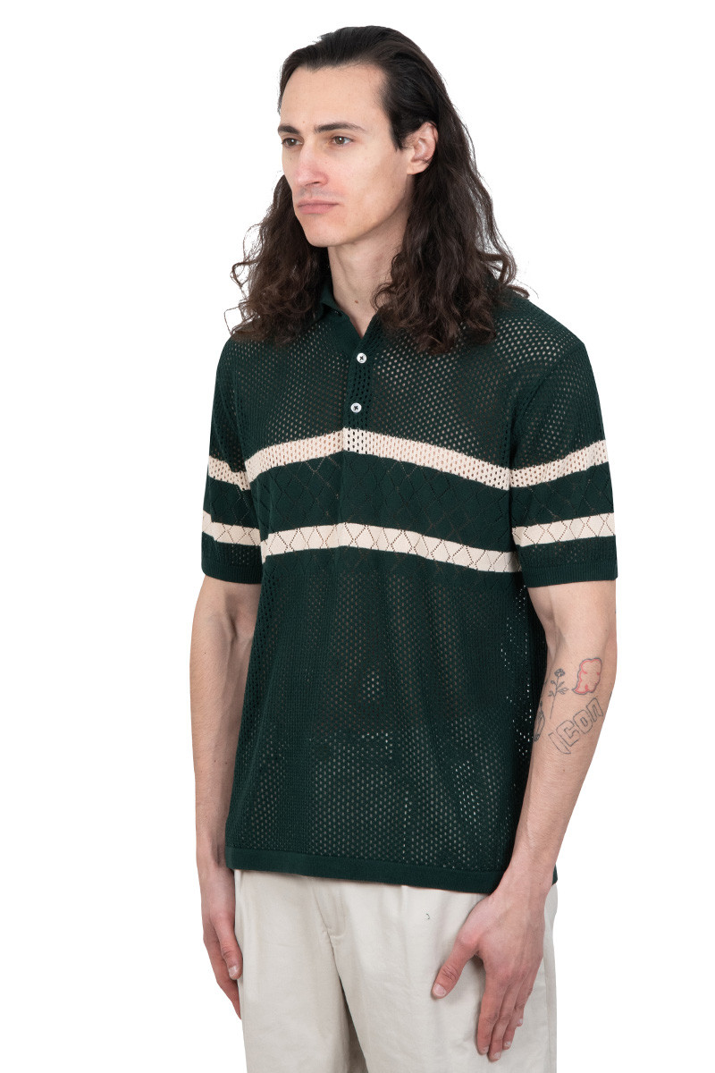 BEAMS + Green knit polo mesh striped
