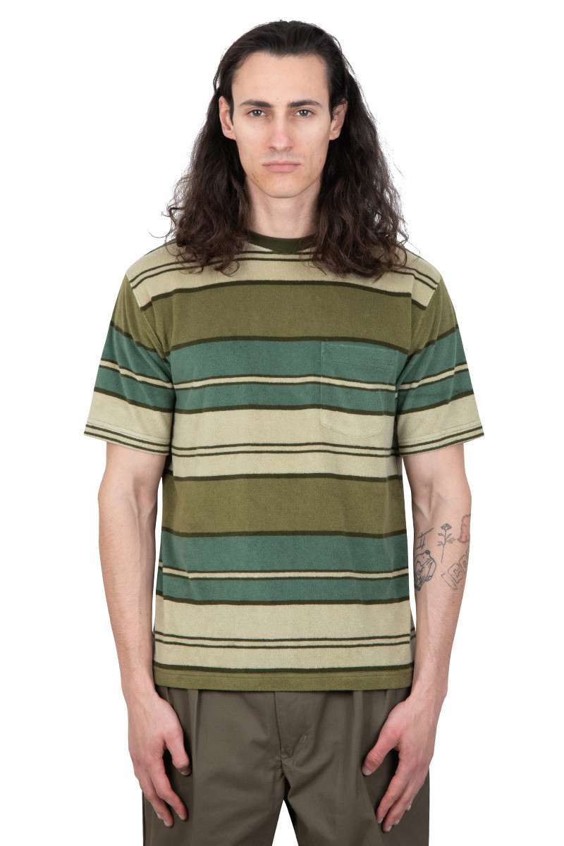 BEAMS + Green pocket t-shirt pile striped