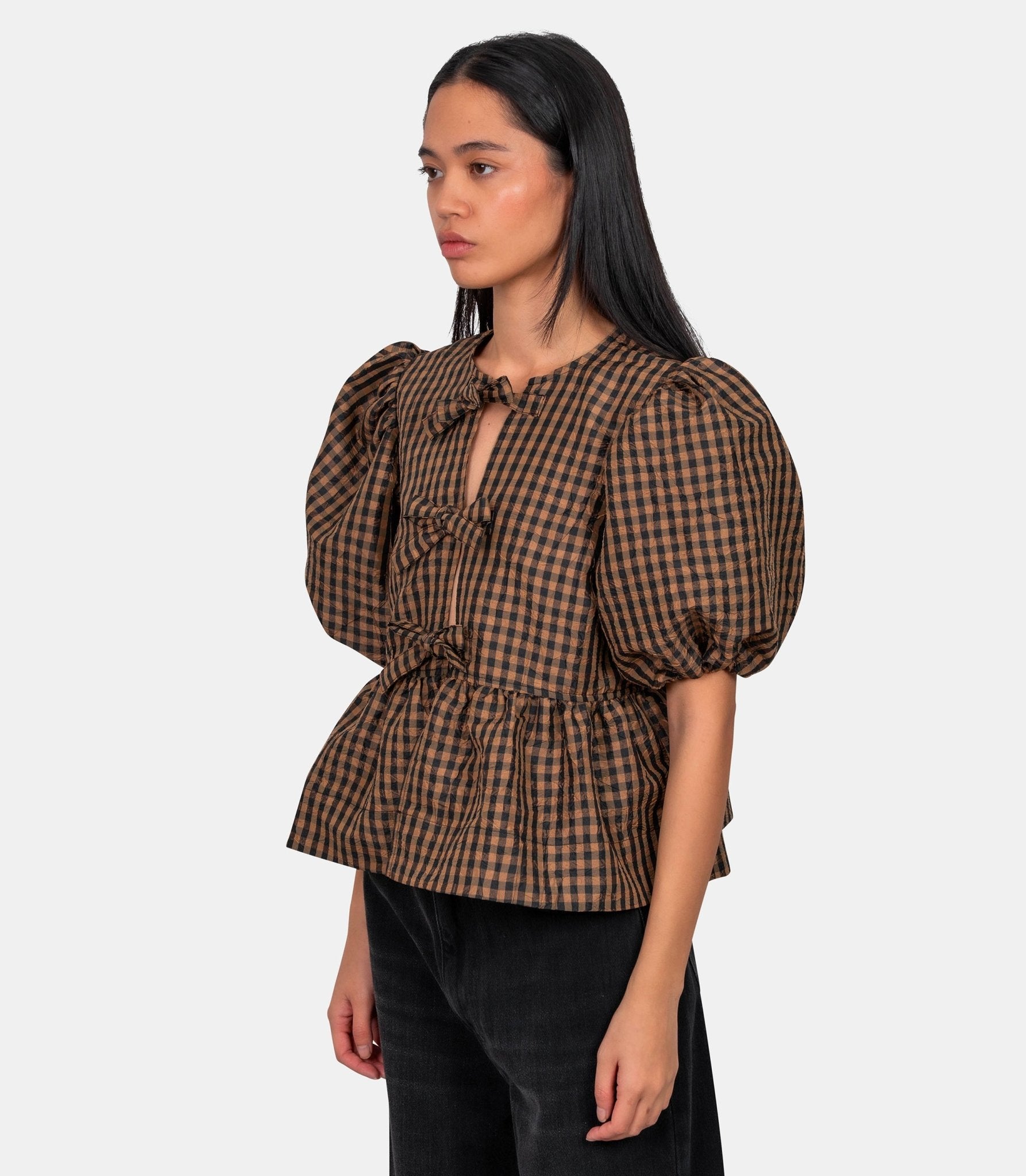 Blouse crinkled taffeta check peplum - A1040085-925-34 - Ganni