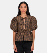 Blouse crinkled taffeta check peplum - A1040085-925-34 - Ganni