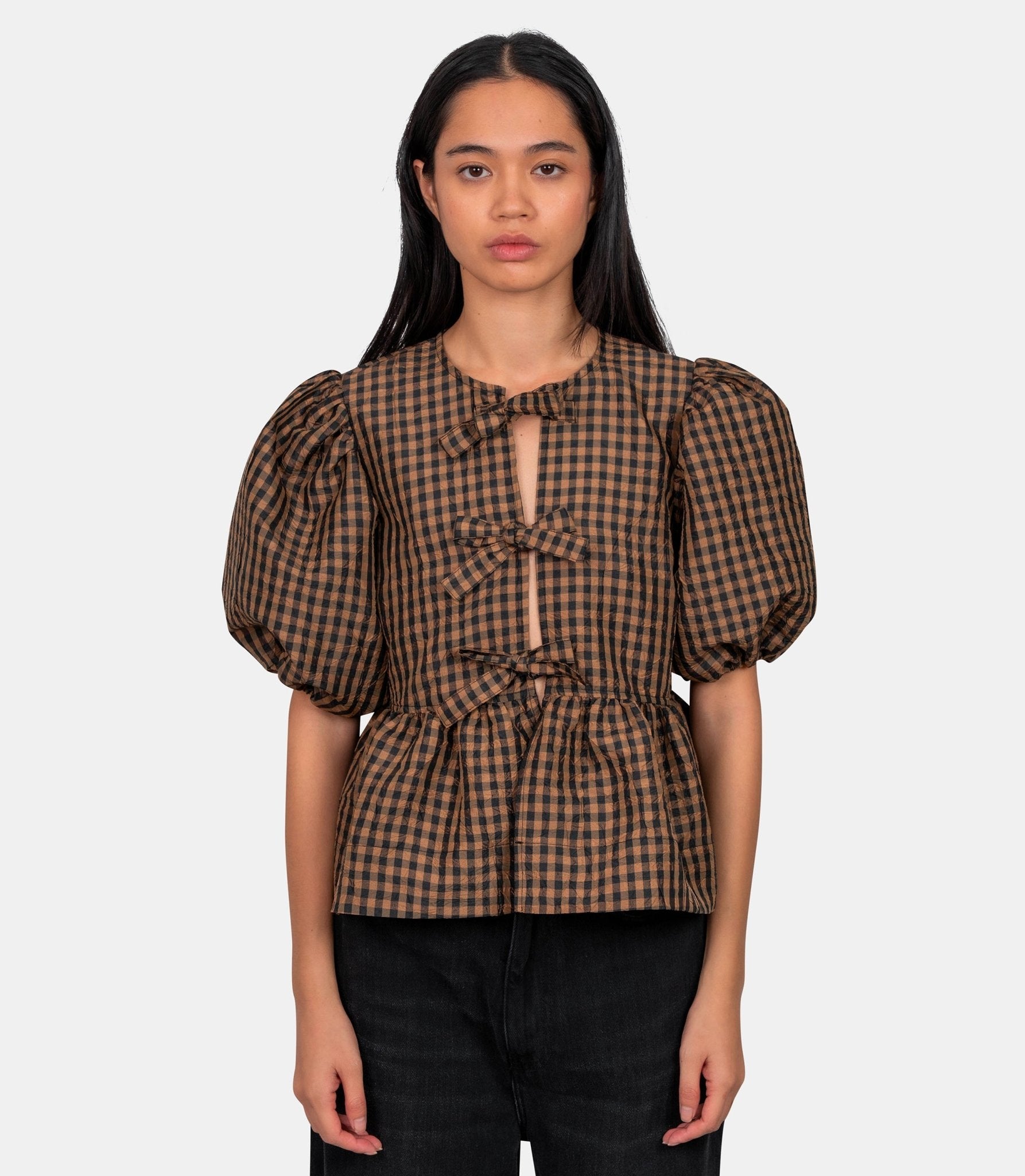 Blouse crinkled taffeta check peplum - A1040085-925-34 - Ganni