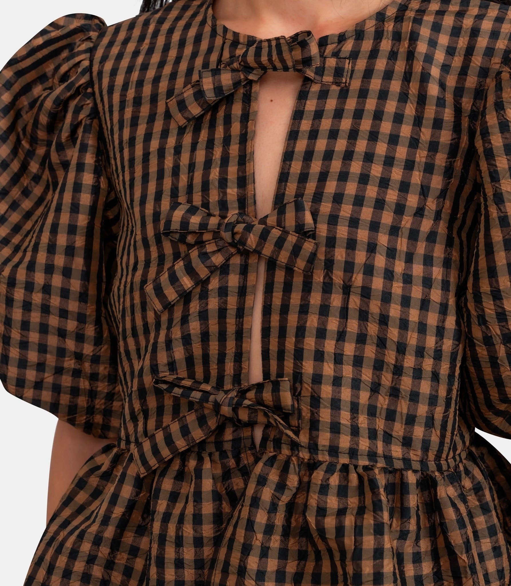 Blouse crinkled taffeta check peplum - A1040085-925-34 - Ganni