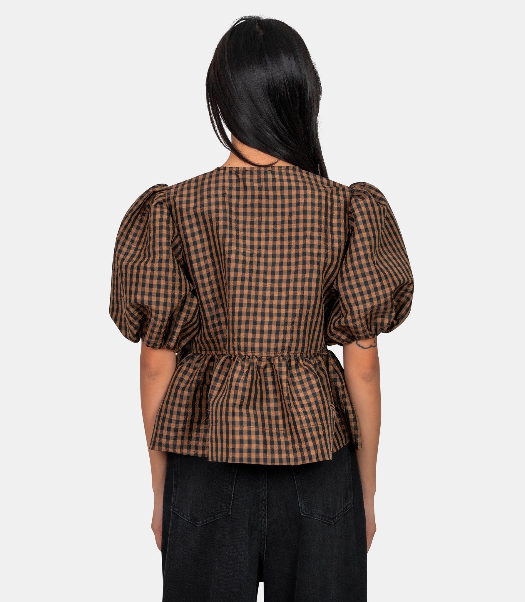 Blouse crinkled taffeta check peplum - A1040085-925-34 - Ganni