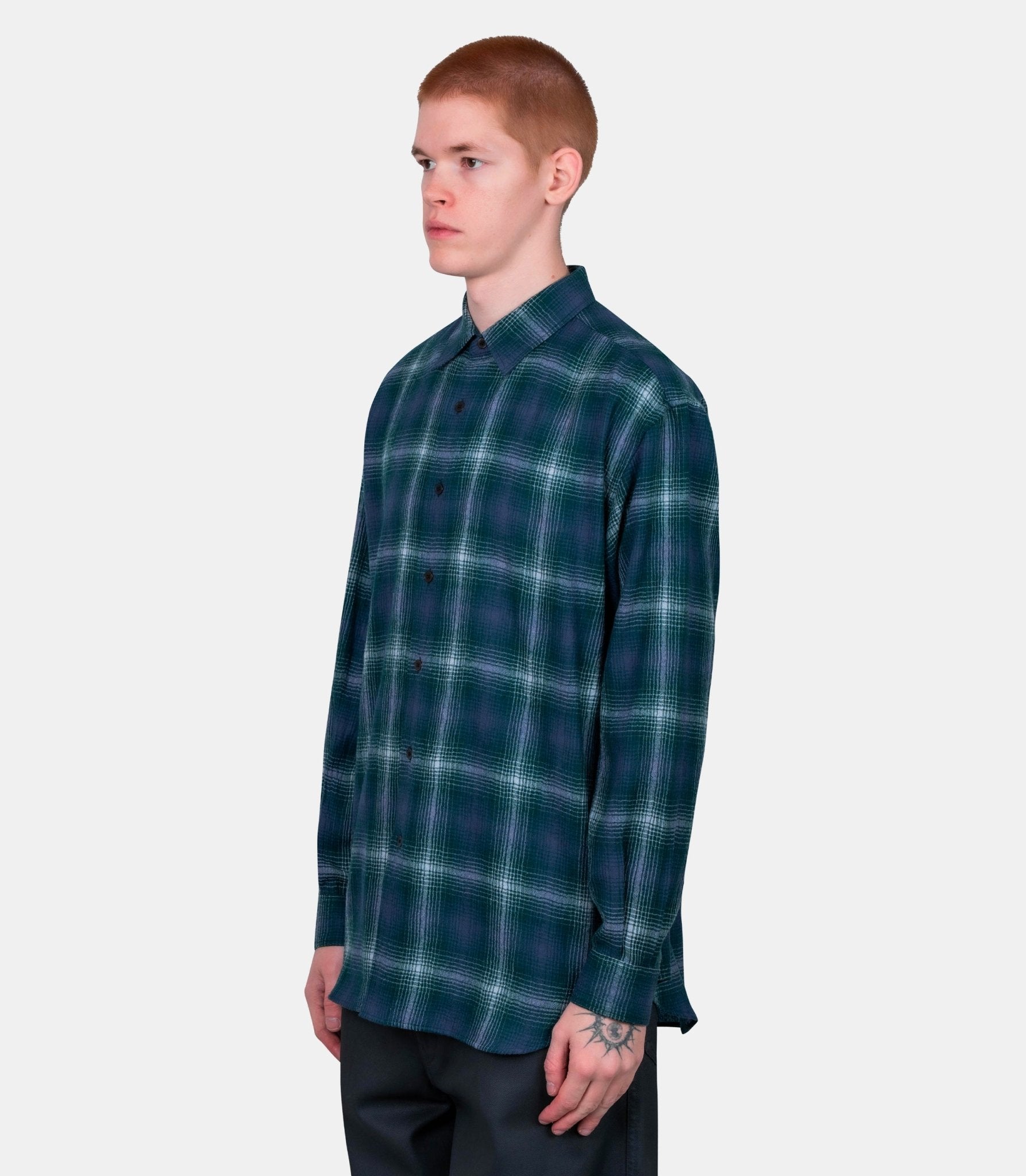 Chemise airy wool check - A25AS01WN-FOREST GREEN×NAVY-4 - Auralee