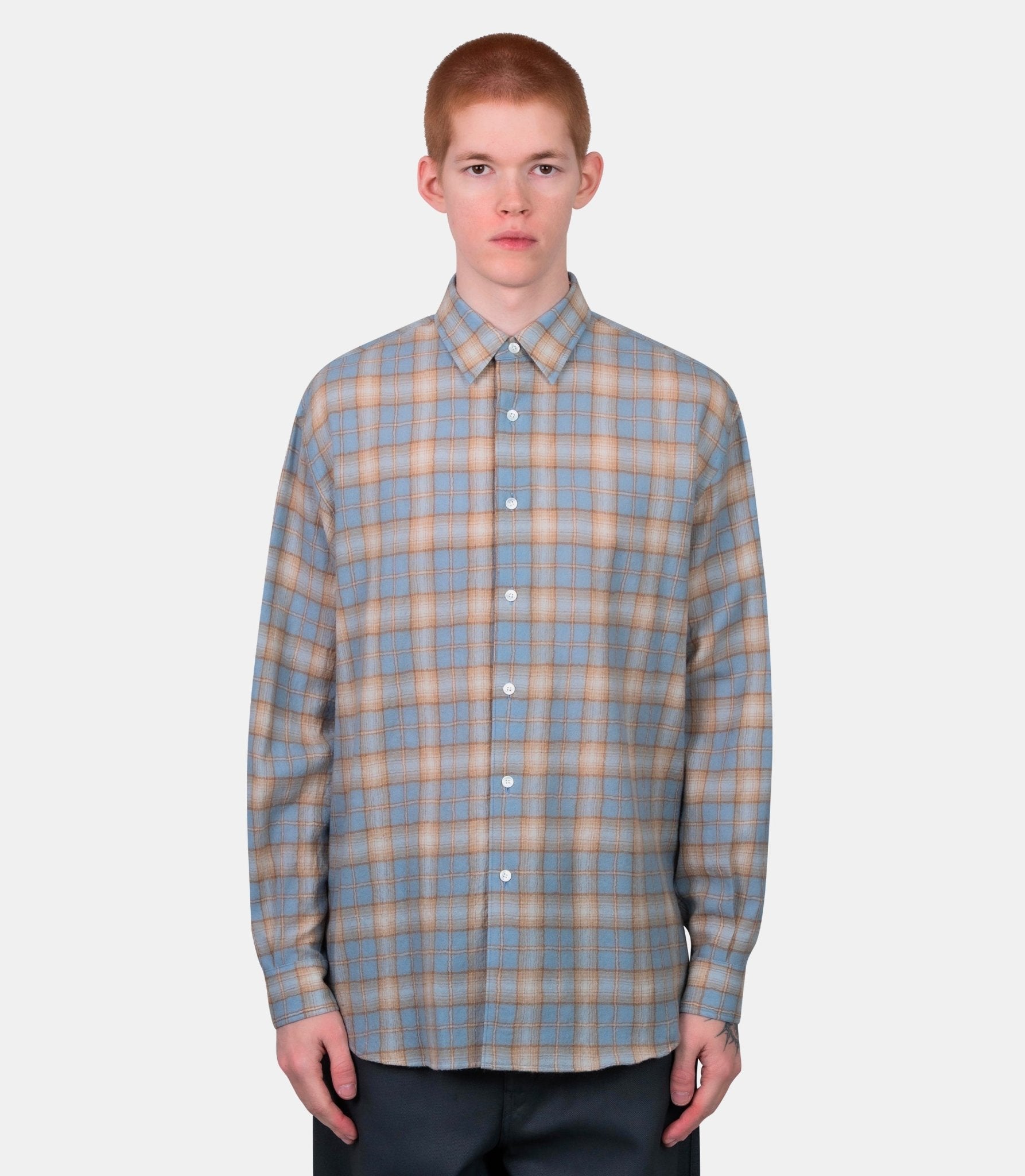 Chemise airy wool check - A25AS01WN-LIGHT BLUE×BEIGE-4 - Auralee
