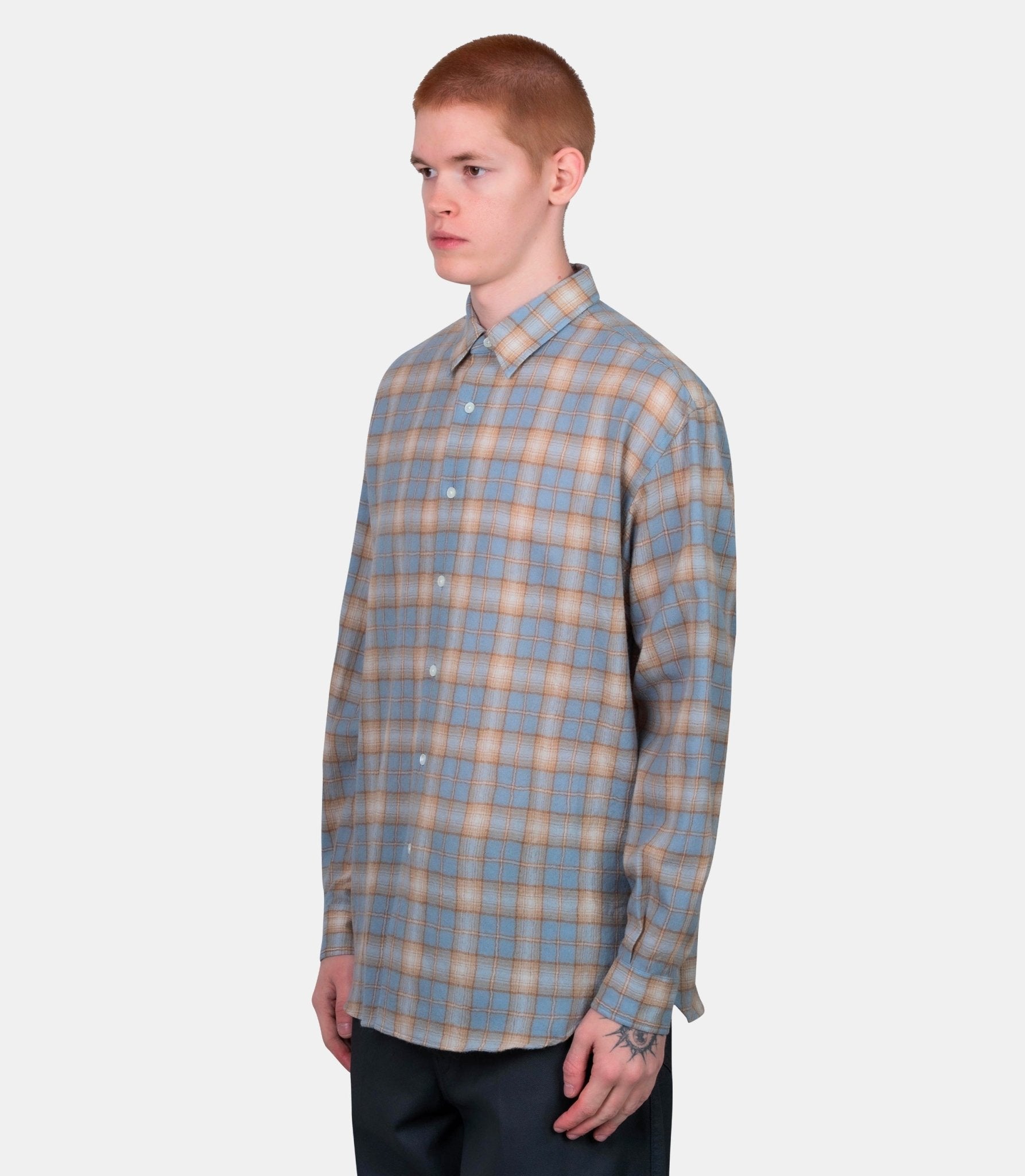 Chemise airy wool check - A25AS01WN-LIGHT BLUE×BEIGE-4 - Auralee
