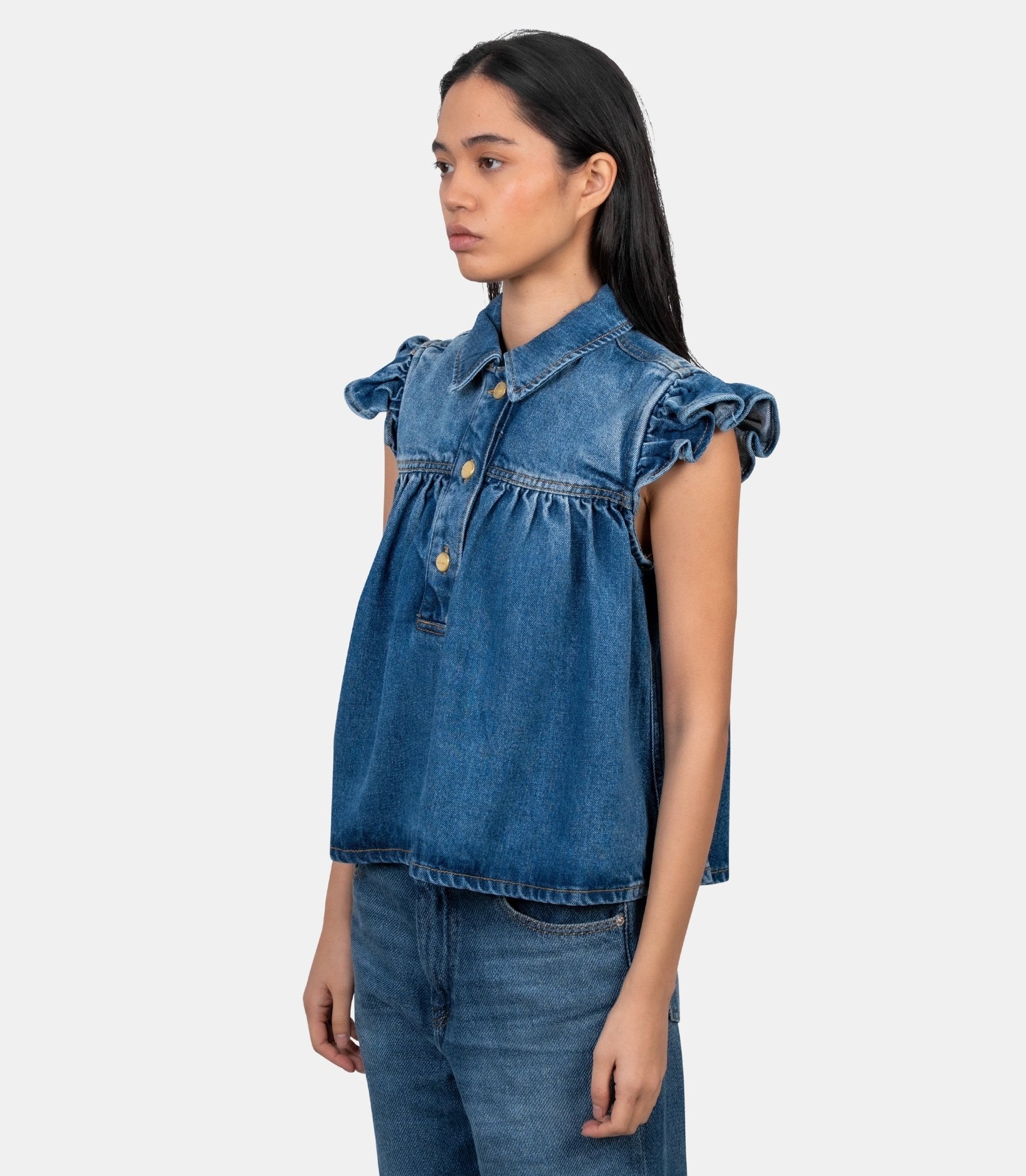 Top à volants en denim - A1040047-091-34 - Ganni