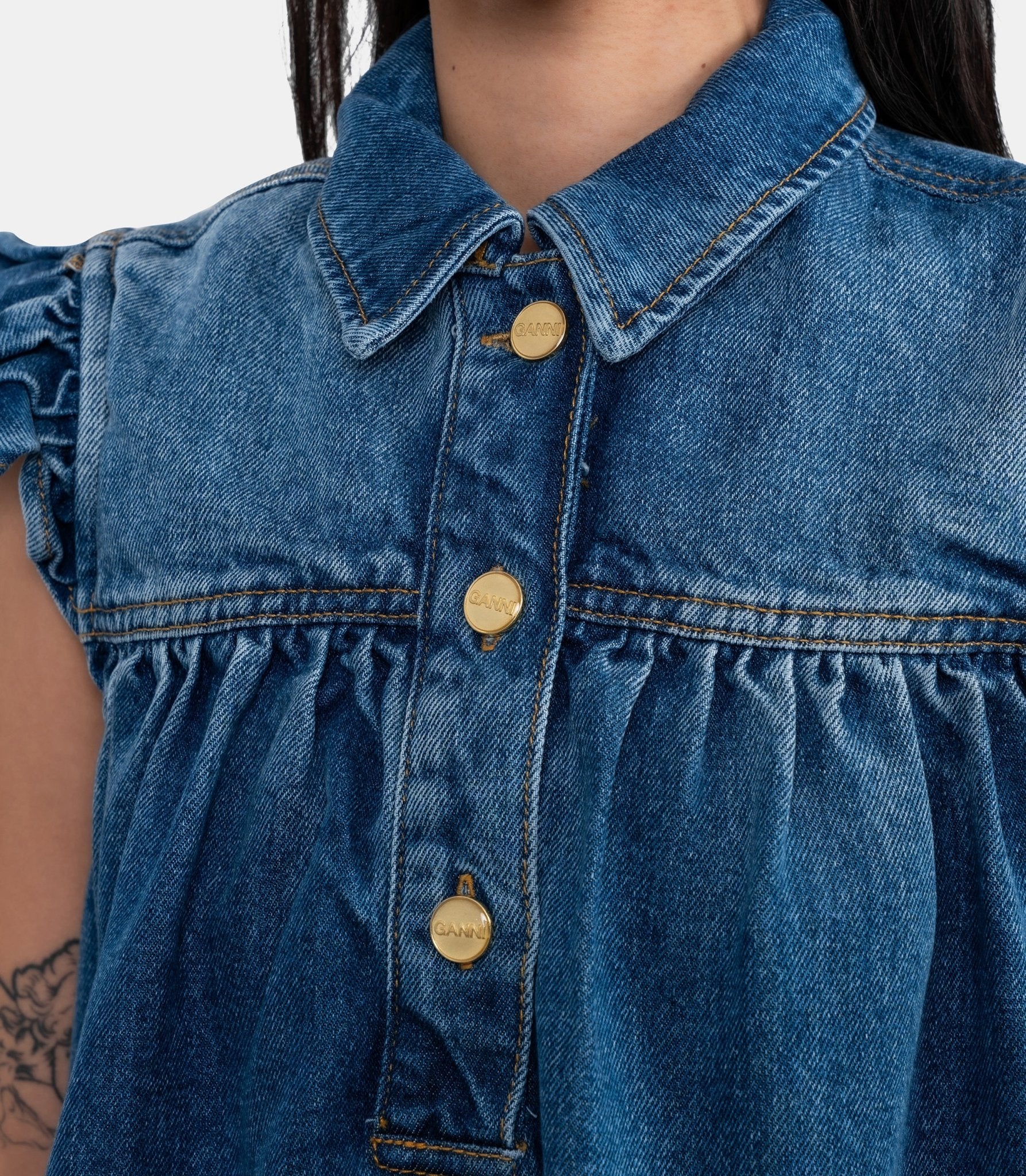 Top à volants en denim - A1040047-091-34 - Ganni