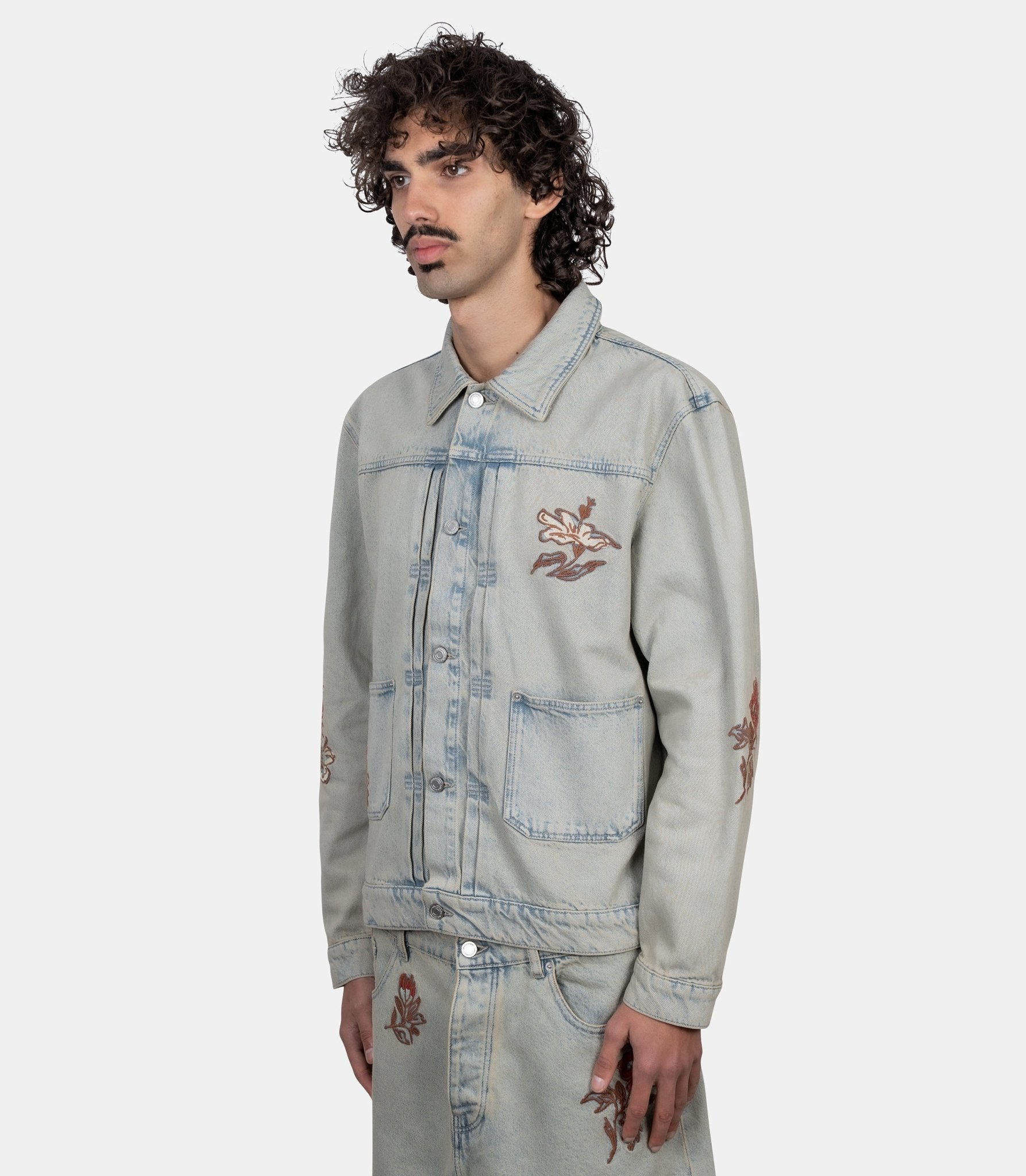 Veste denim dusty brodée fleurs - JT271-CO123-DUS-M - Drôle de monsieur