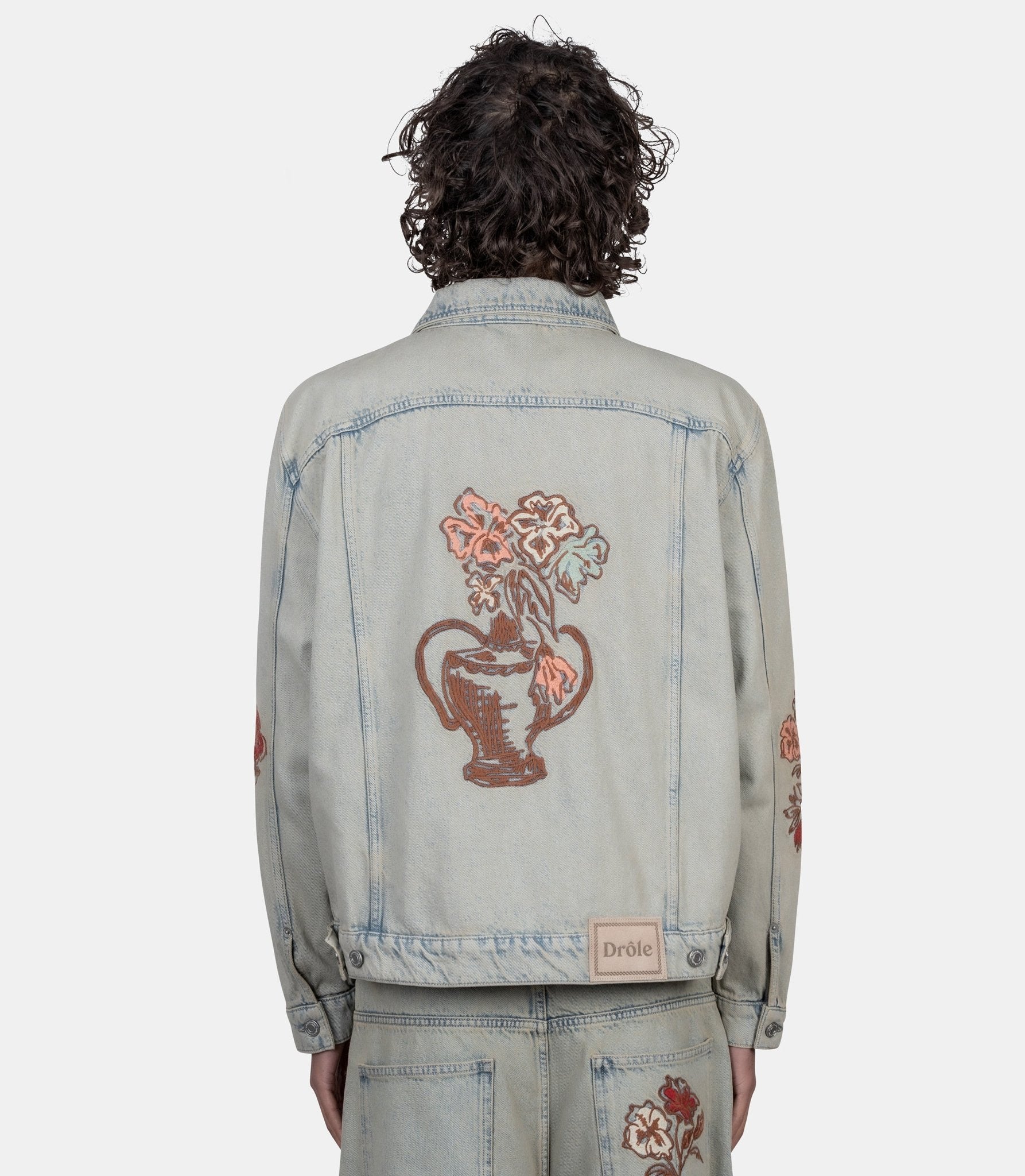 Veste denim dusty brodée fleurs - JT271-CO123-DUS-M - Drôle de monsieur