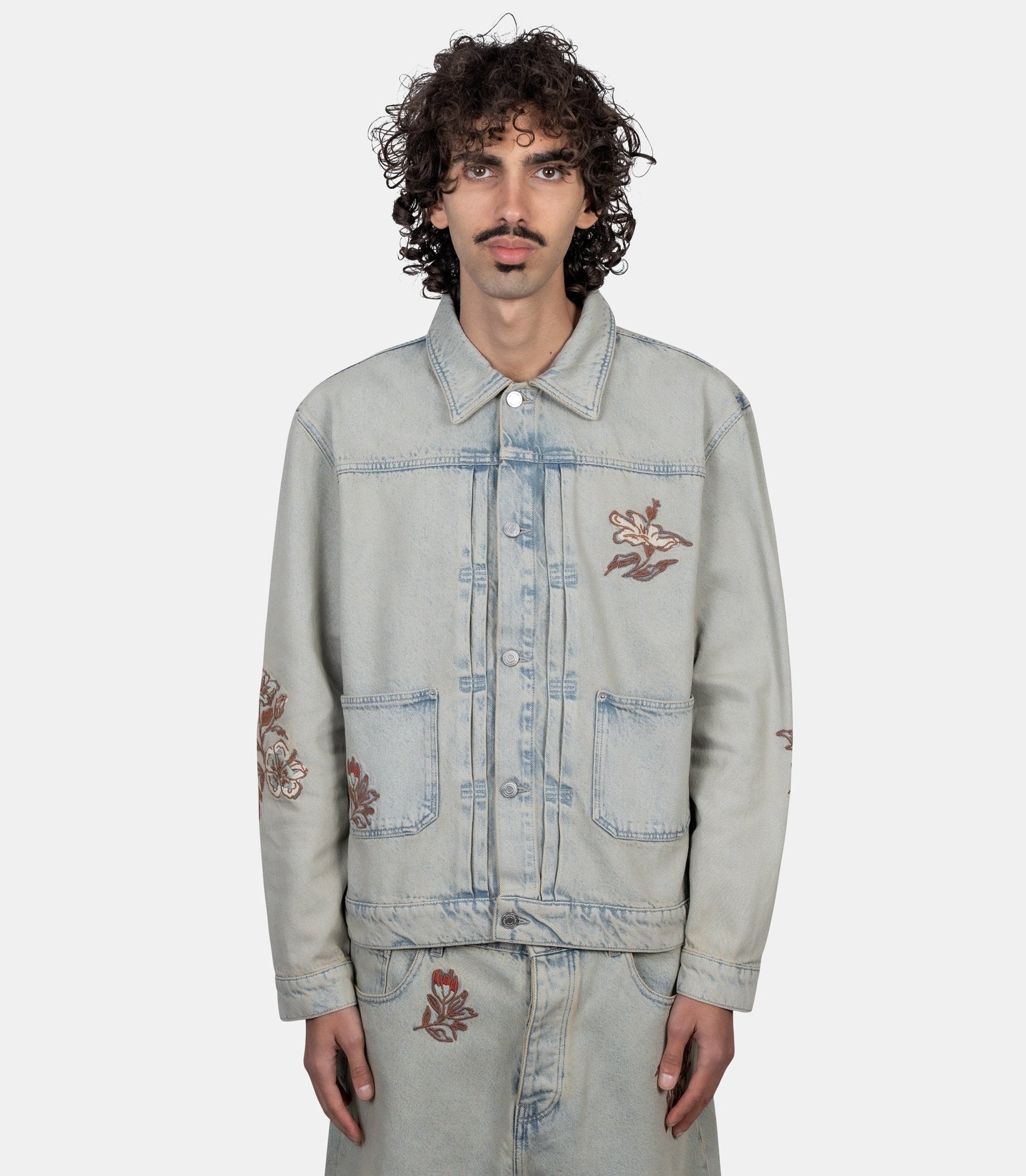 Veste denim dusty brodée fleurs - JT271-CO123-DUS-M - Drôle de monsieur